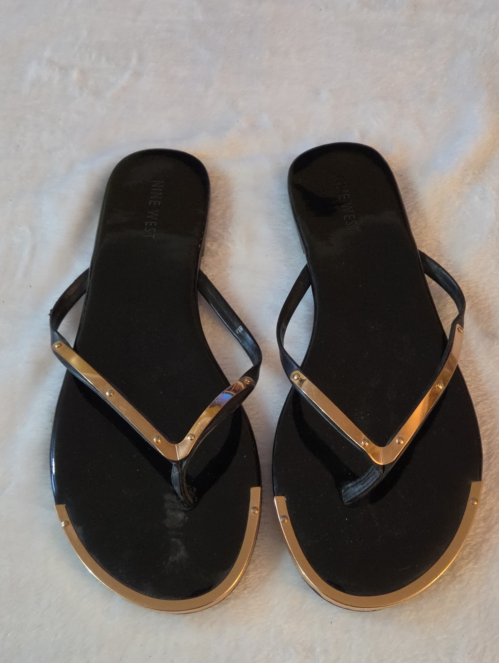 Nine West Black Sandal Flip Flops with Gold Trim